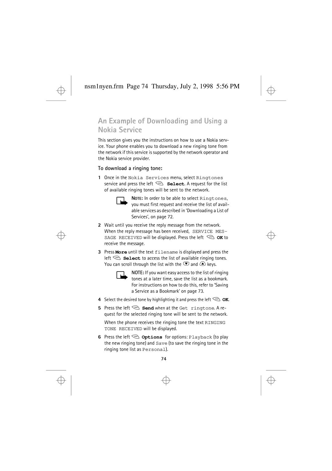 Nokia 9351609 An Example of Downloading and Using a Nokia Service, Nsm1nyen.frm Page 74 Thursday, July 2, 1998 556 PM 