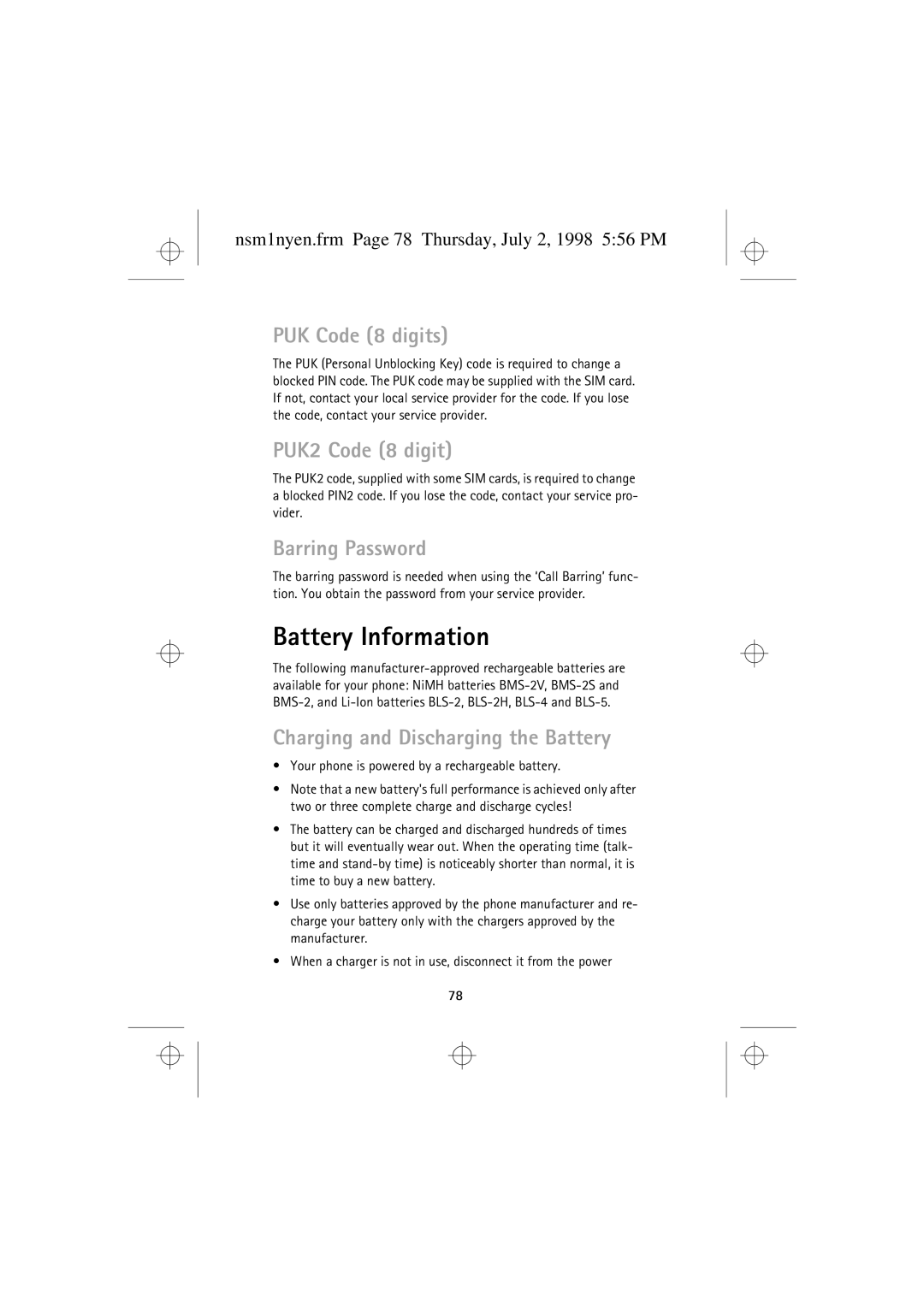 Nokia 9351609 manual Battery Information, PUK Code 8 digits, PUK2 Code 8 digit, Barring Password 