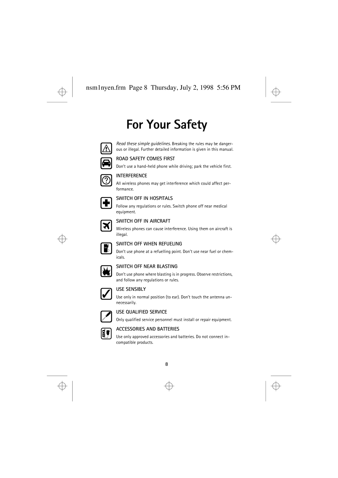 Nokia 9351609 manual For Your Safety, Nsm1nyen.frm Page 8 Thursday, July 2, 1998 556 PM 