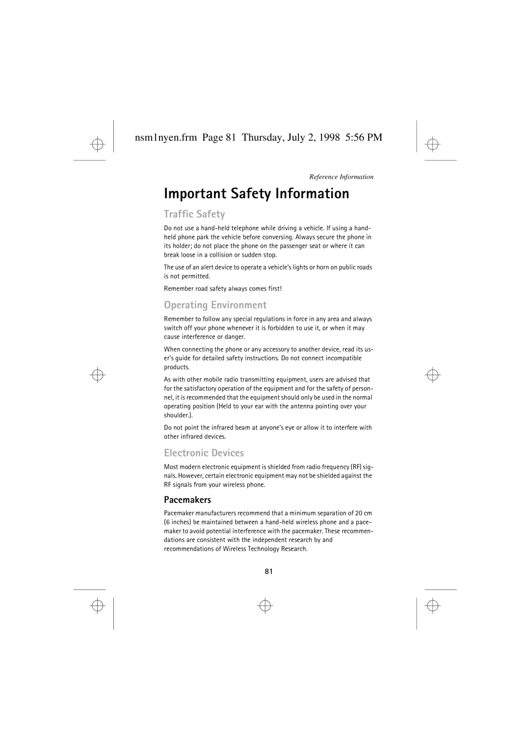 Nokia 9351609 manual Important Safety Information, Nsm1nyen.frm Page 81 Thursday, July 2, 1998 556 PM, Pacemakers 