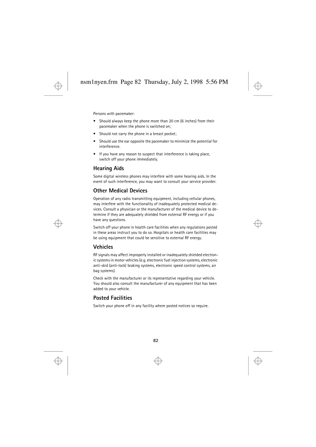 Nokia 9351609 manual Nsm1nyen.frm Page 82 Thursday, July 2, 1998 556 PM, Hearing Aids, Other Medical Devices, Vehicles 