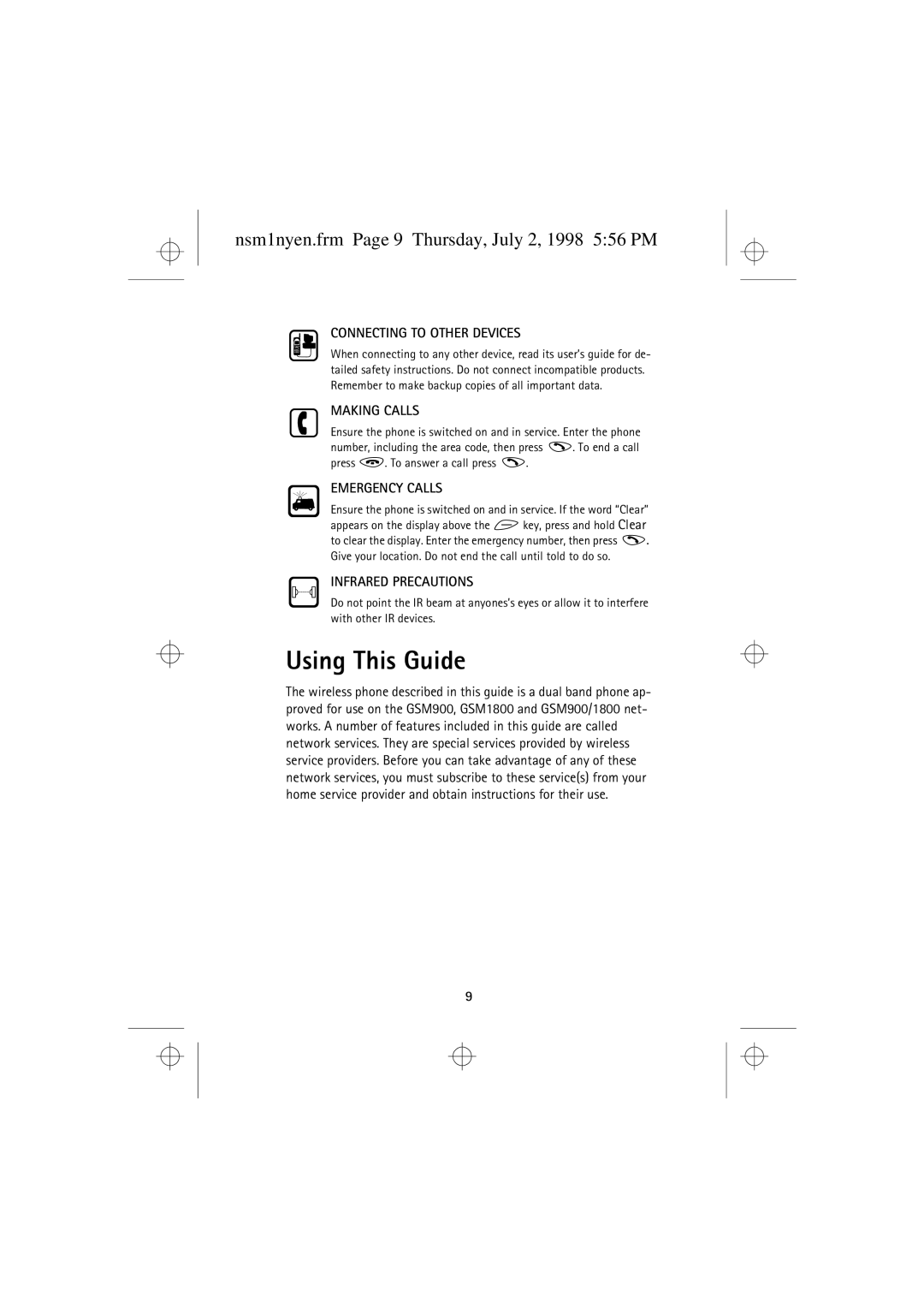 Nokia 9351609 manual Using This Guide, Nsm1nyen.frm Page 9 Thursday, July 2, 1998 556 PM 