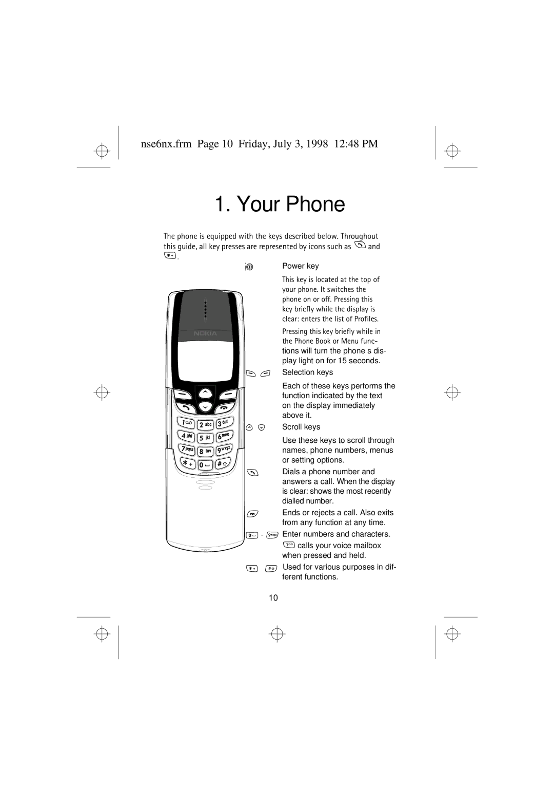 Nokia 9351835 manual Your Phone, Nse6nx.frm Page 10 Friday, July 3, 1998 1248 PM 