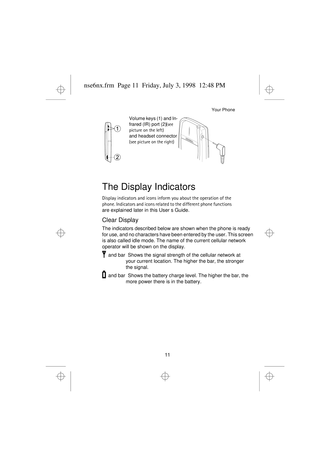 Nokia 9351835 manual Display Indicators, Nse6nx.frm Page 11 Friday, July 3, 1998 1248 PM, Clear Display 