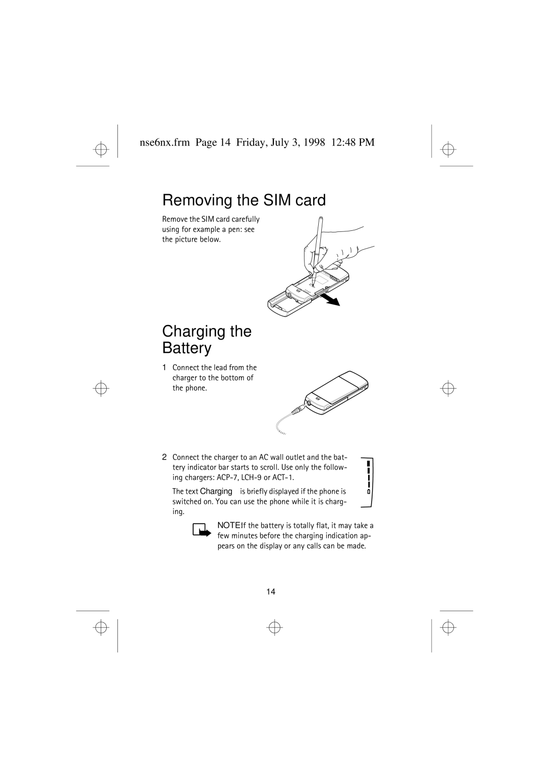 Nokia 9351835 manual Removing the SIM card, Charging Battery, Nse6nx.frm Page 14 Friday, July 3, 1998 1248 PM 