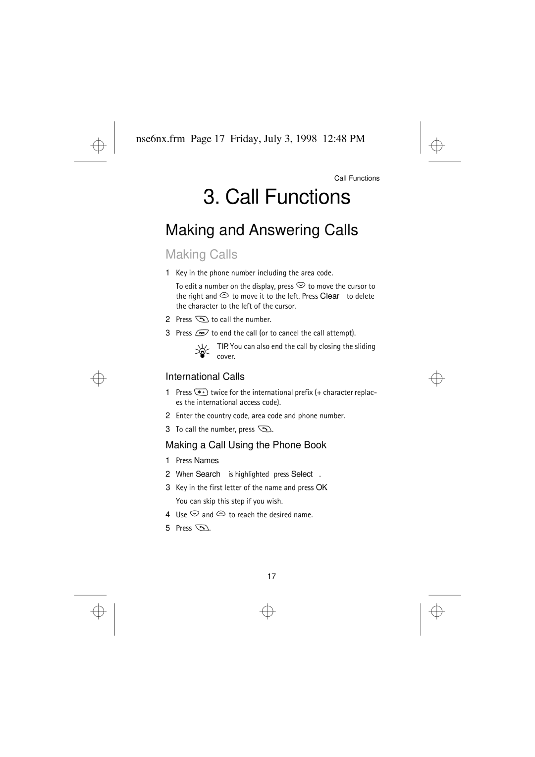 Nokia 9351835 manual Making and Answering Calls, Making Calls, Nse6nx.frm Page 17 Friday, July 3, 1998 1248 PM 