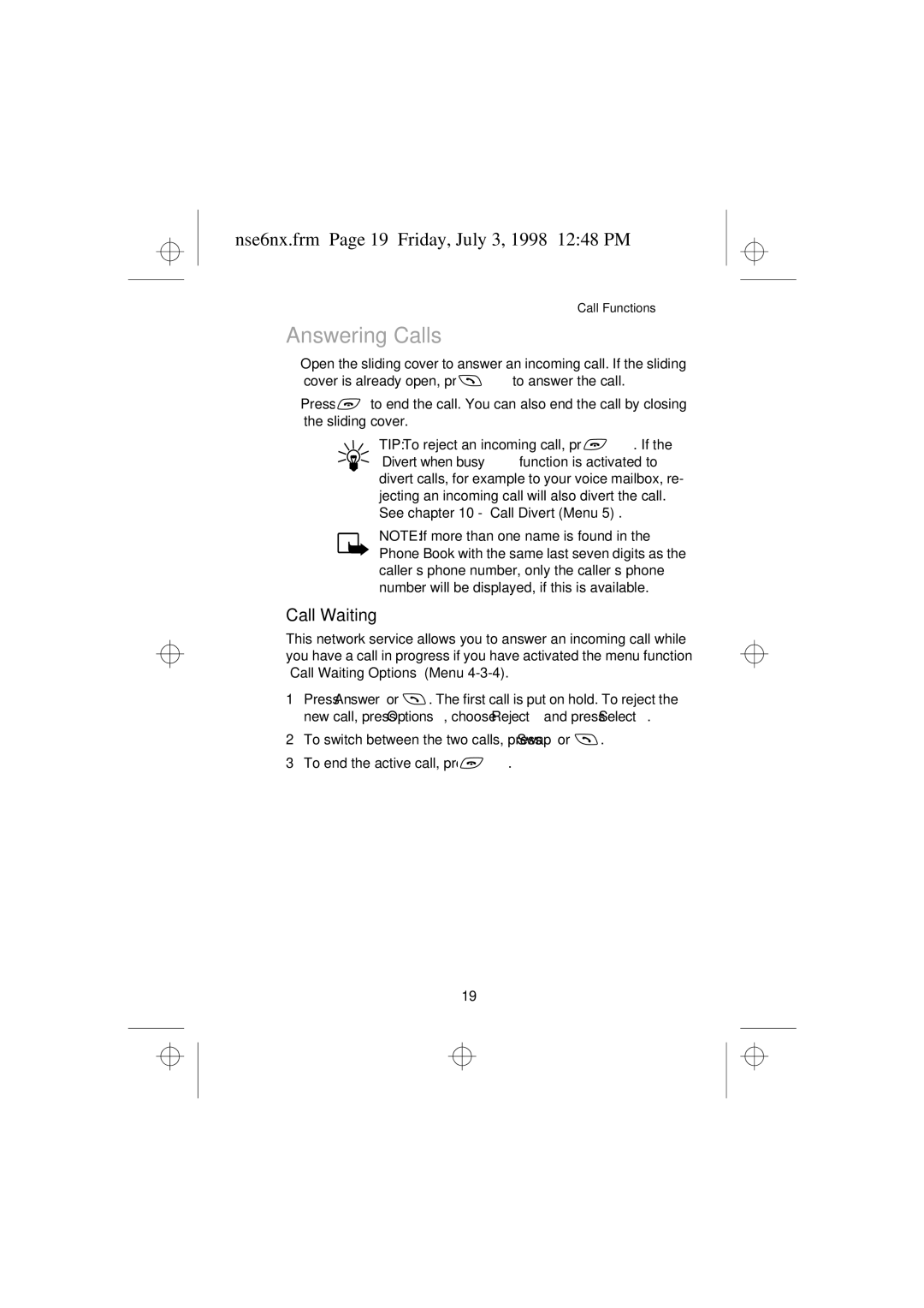 Nokia 9351835 manual Answering Calls, Nse6nx.frm Page 19 Friday, July 3, 1998 1248 PM, Call Waiting 