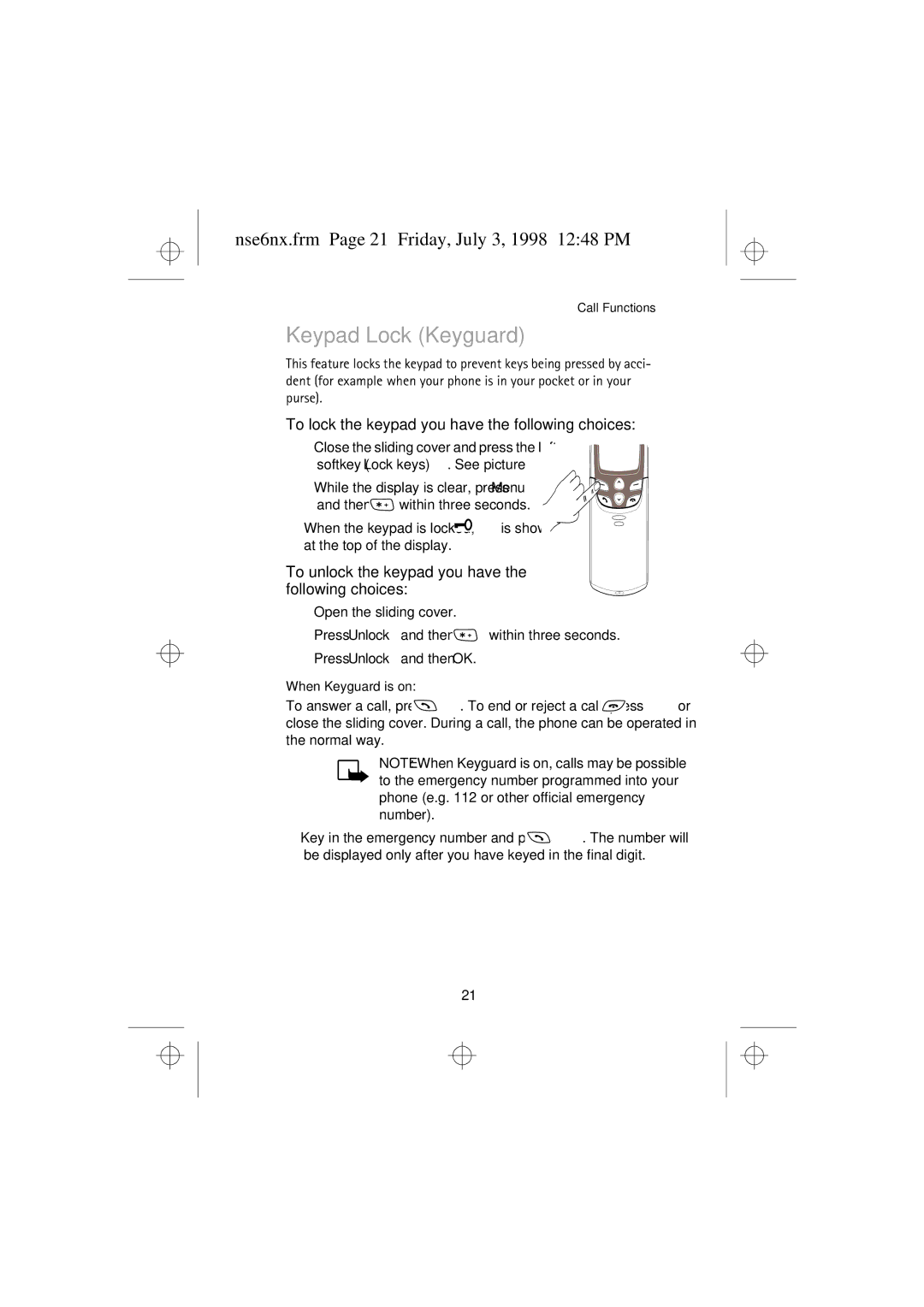 Nokia 9351835 manual Keypad Lock Keyguard, Nse6nx.frm Page 21 Friday, July 3, 1998 1248 PM 