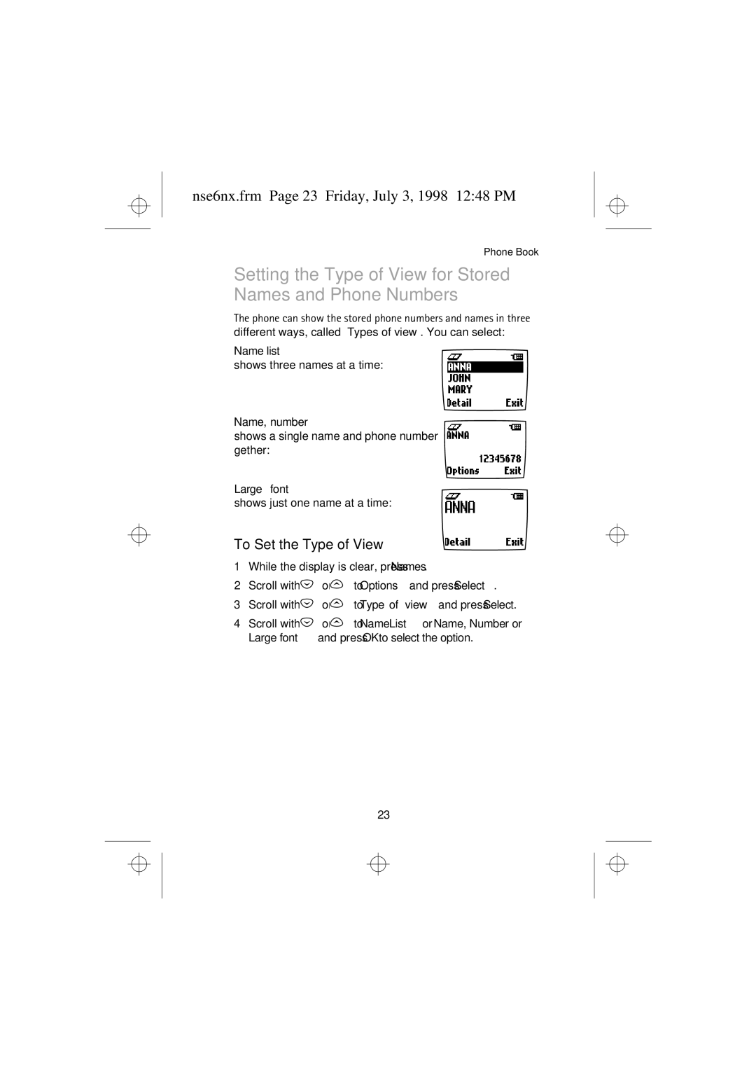 Nokia 9351835 manual Nse6nx.frm Page 23 Friday, July 3, 1998 1248 PM, To Set the Type of View, Name list, Name, number 