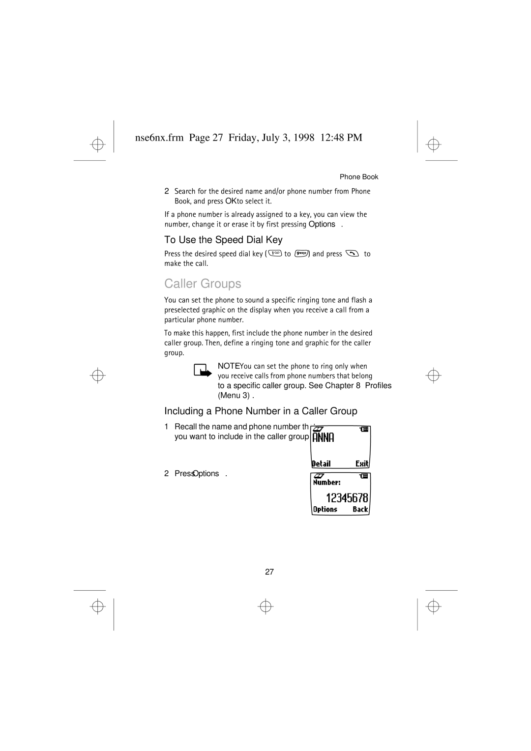 Nokia 9351835 manual Caller Groups, Nse6nx.frm Page 27 Friday, July 3, 1998 1248 PM, To Use the Speed Dial Key 