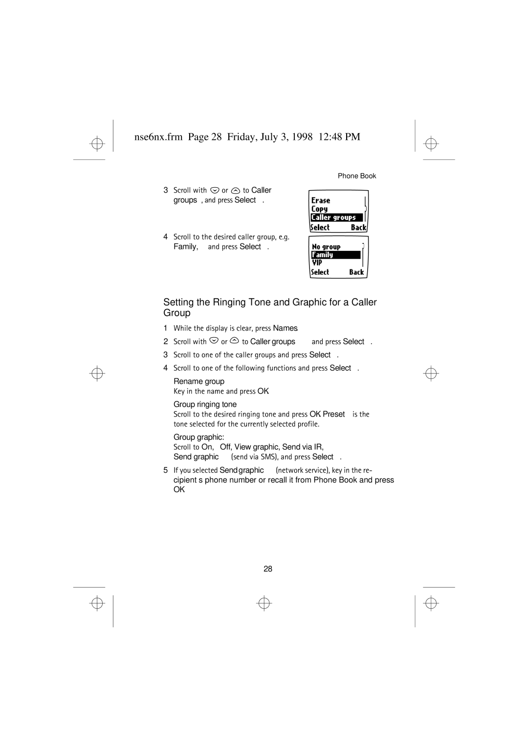 Nokia 9351835 Nse6nx.frm Page 28 Friday, July 3, 1998 1248 PM, Setting the Ringing Tone and Graphic for a Caller Group 