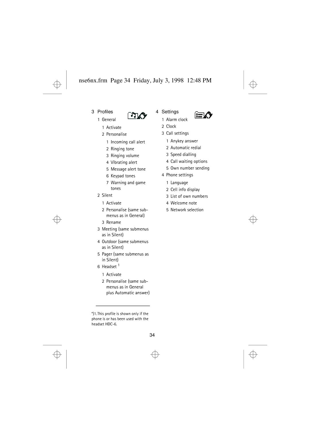 Nokia 9351835 manual Nse6nx.frm Page 34 Friday, July 3, 1998 1248 PM, Rename, Headset Activate 