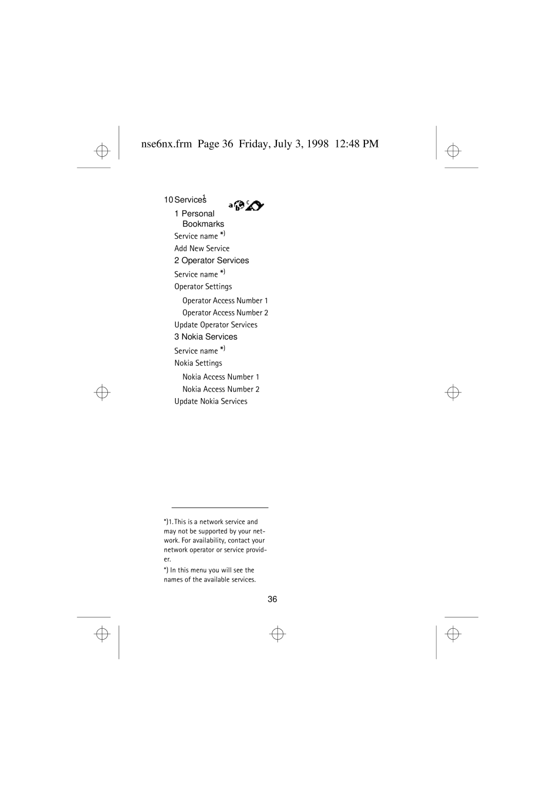 Nokia 9351835 Nse6nx.frm Page 36 Friday, July 3, 1998 1248 PM, Service name Add New Service, Update Operator Services 