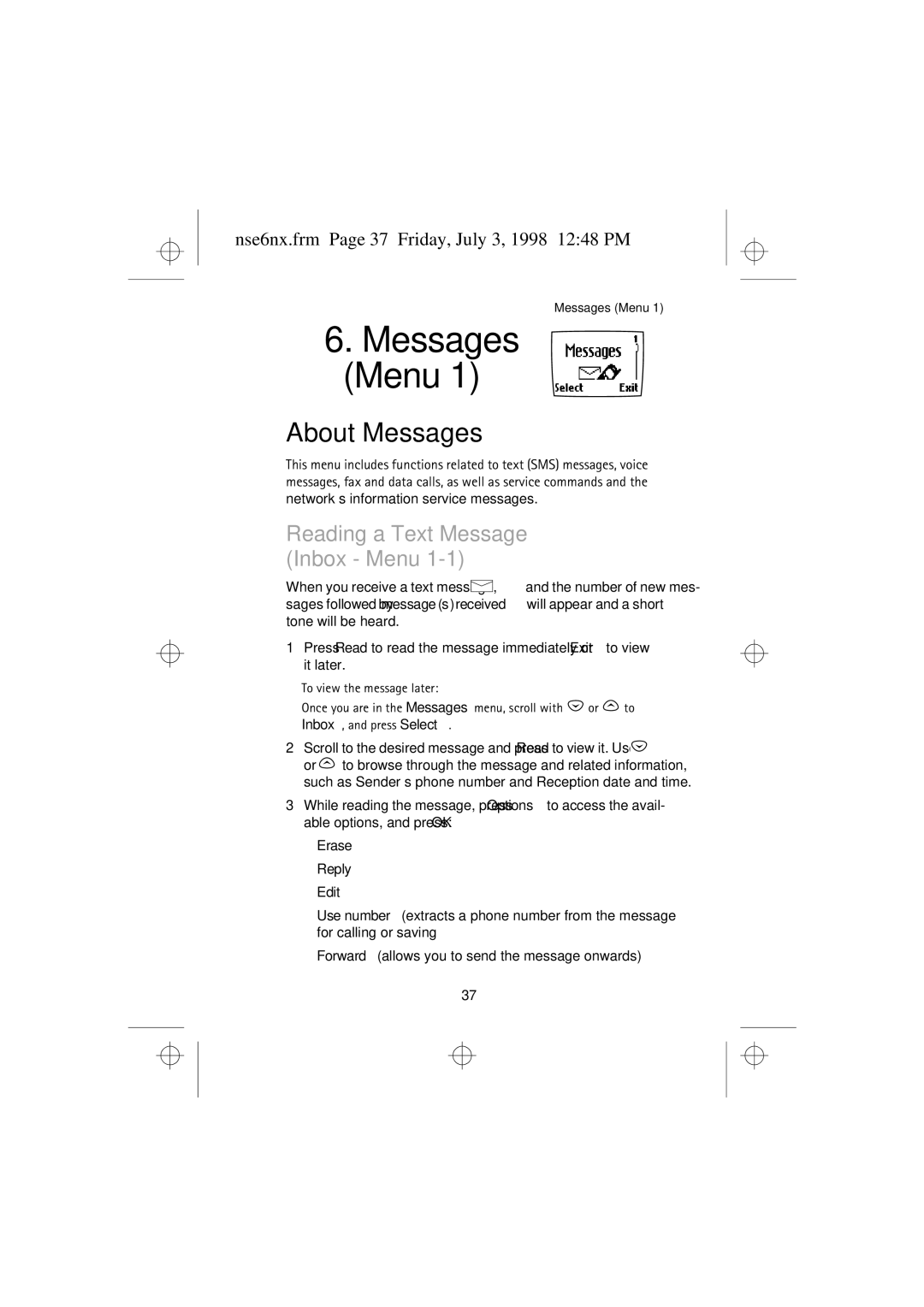 Nokia 9351835 manual About Messages, Reading a Text Message Inbox Menu, Nse6nx.frm Page 37 Friday, July 3, 1998 1248 PM 