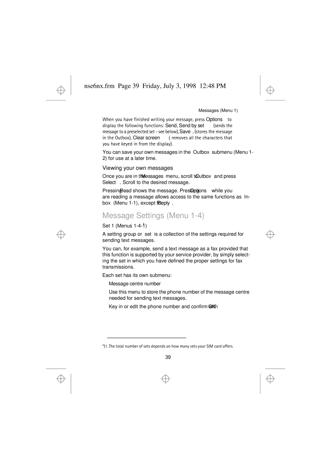 Nokia 9351835 manual Message Settings Menu, Nse6nx.frm Page 39 Friday, July 3, 1998 1248 PM, Message centre number 