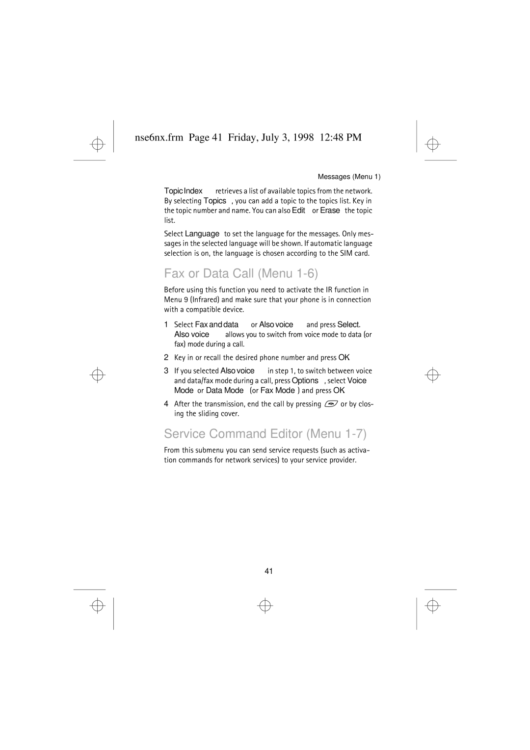 Nokia 9351835 manual Fax or Data Call Menu, Service Command Editor Menu, Nse6nx.frm Page 41 Friday, July 3, 1998 1248 PM 