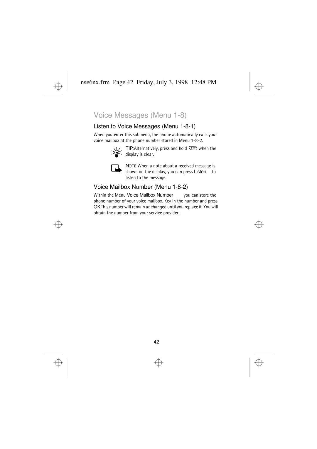 Nokia 9351835 manual Nse6nx.frm Page 42 Friday, July 3, 1998 1248 PM, Listen to Voice Messages Menu 
