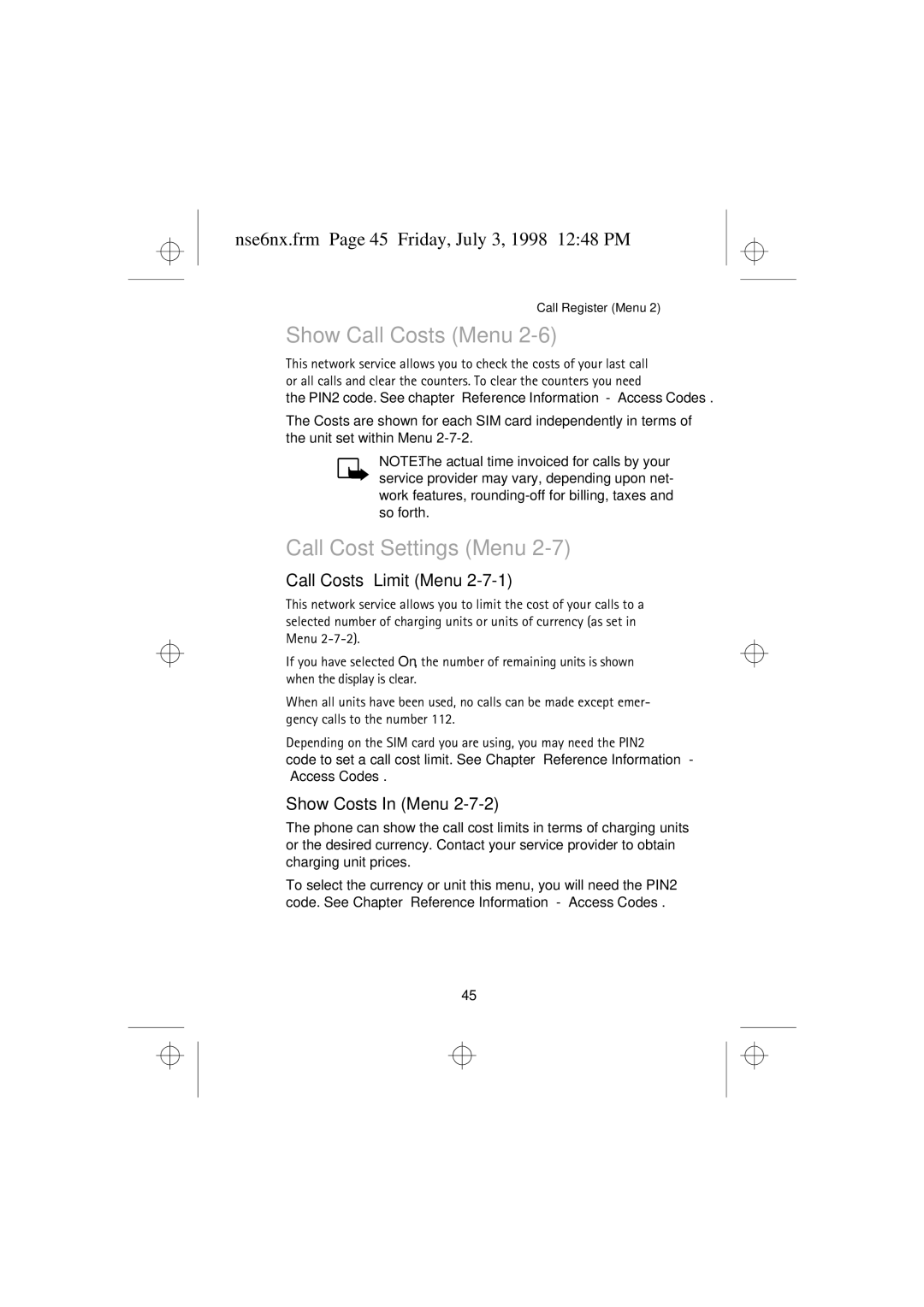 Nokia 9351835 manual Show Call Costs Menu, Call Cost Settings Menu, Nse6nx.frm Page 45 Friday, July 3, 1998 1248 PM 