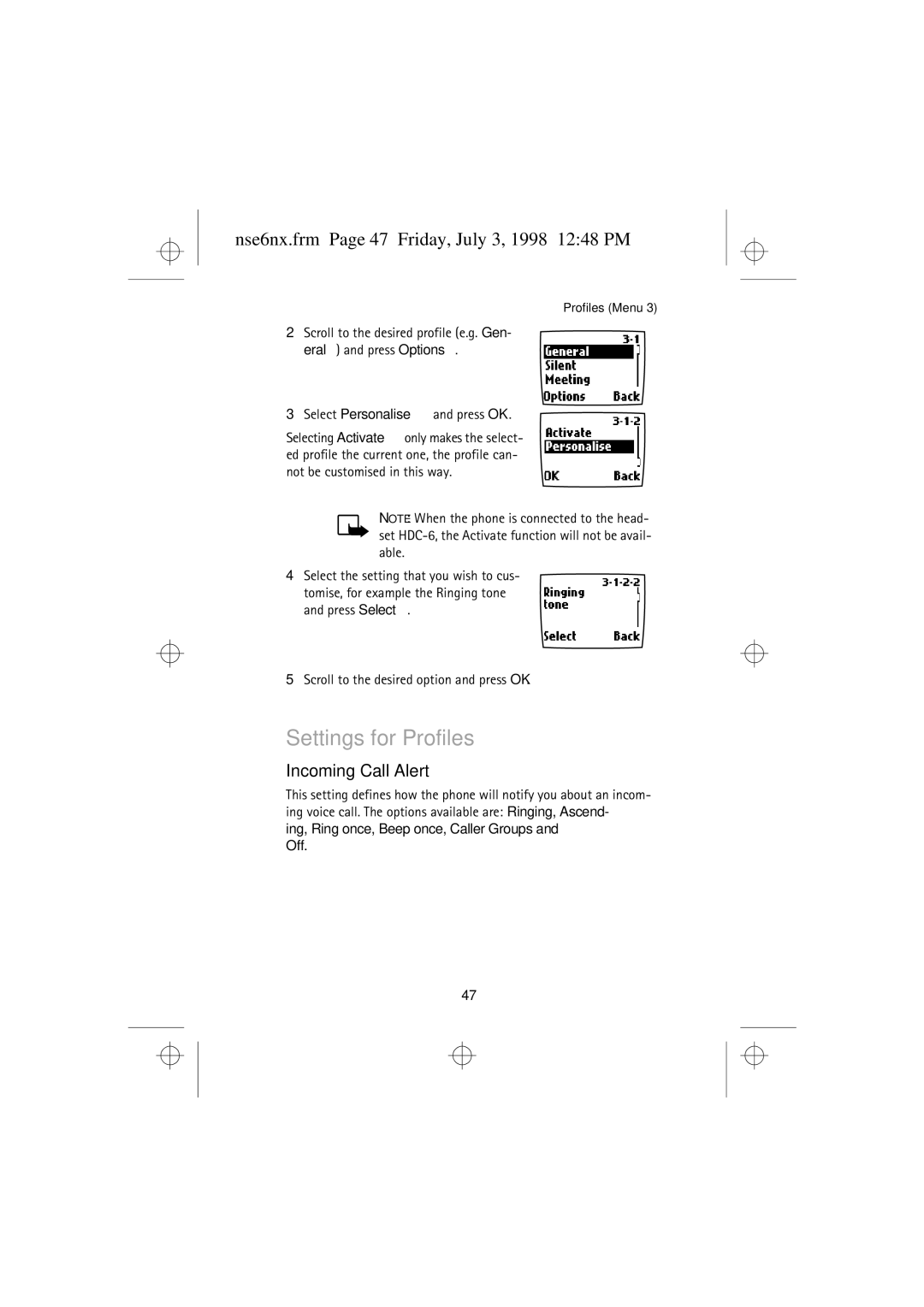 Nokia 9351835 manual Settings for Profiles, Nse6nx.frm Page 47 Friday, July 3, 1998 1248 PM, Incoming Call Alert 