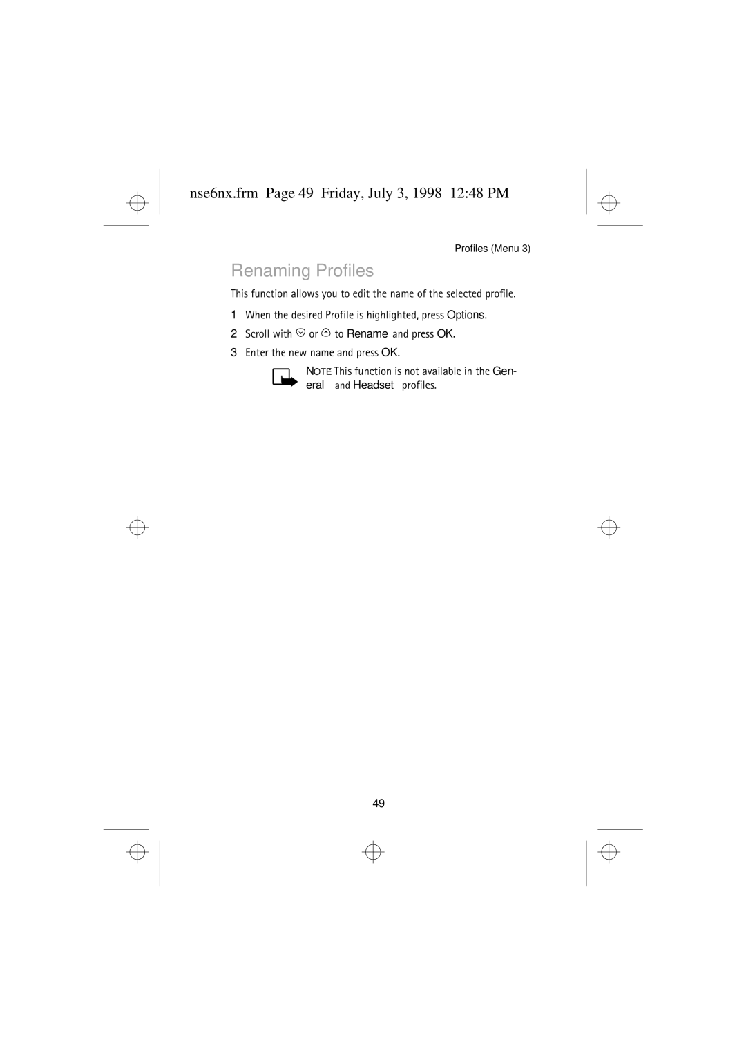 Nokia 9351835 manual Renaming Profiles, Nse6nx.frm Page 49 Friday, July 3, 1998 1248 PM 