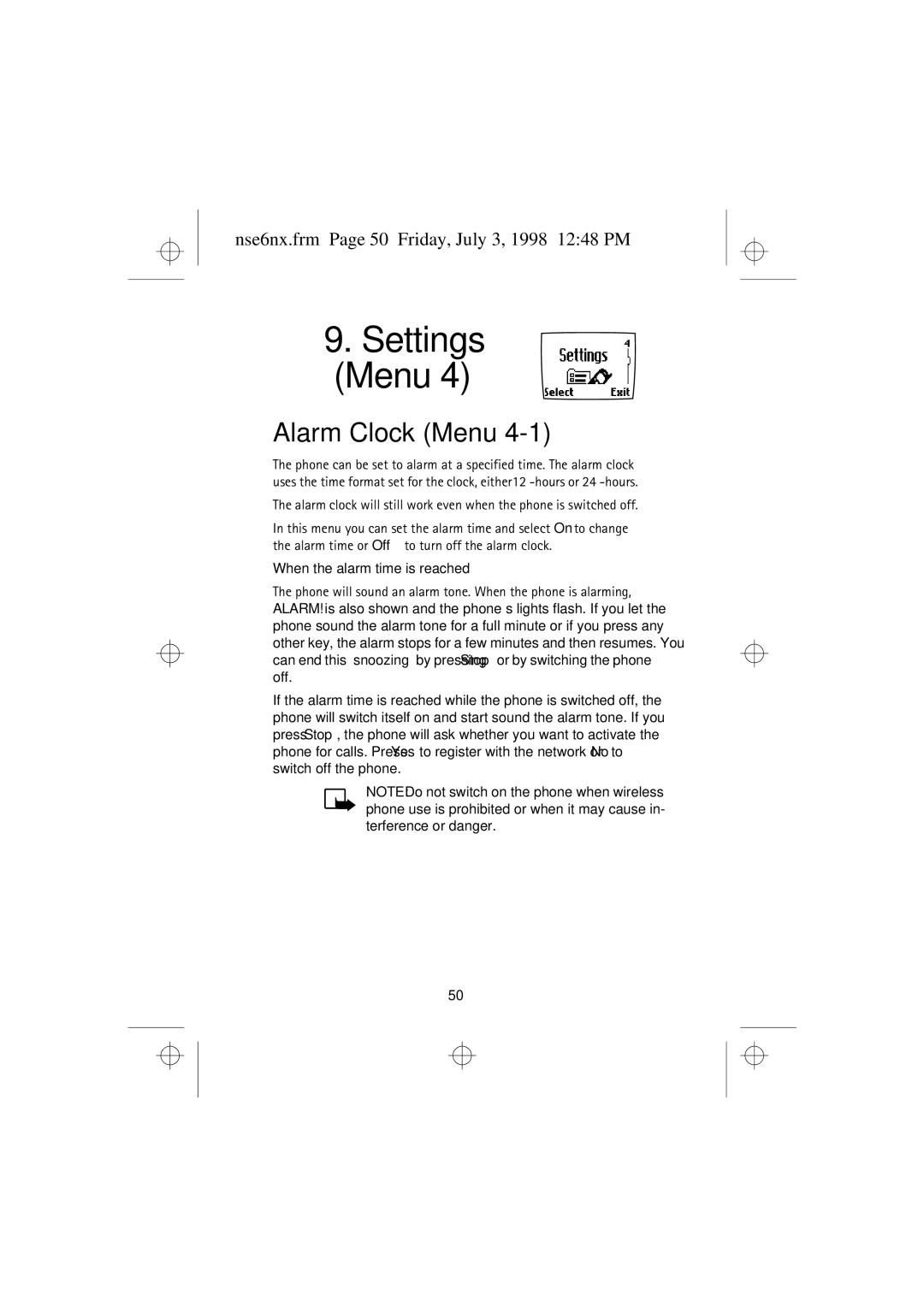 Nokia 9351835 manual Alarm Clock Menu, Nse6nx.frm Page 50 Friday, July 3, 1998 1248 PM 