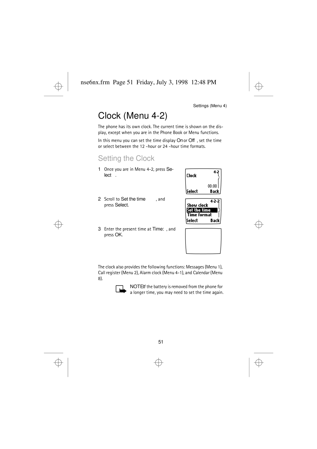 Nokia 9351835 manual Clock Menu, Setting the Clock, Nse6nx.frm Page 51 Friday, July 3, 1998 1248 PM 