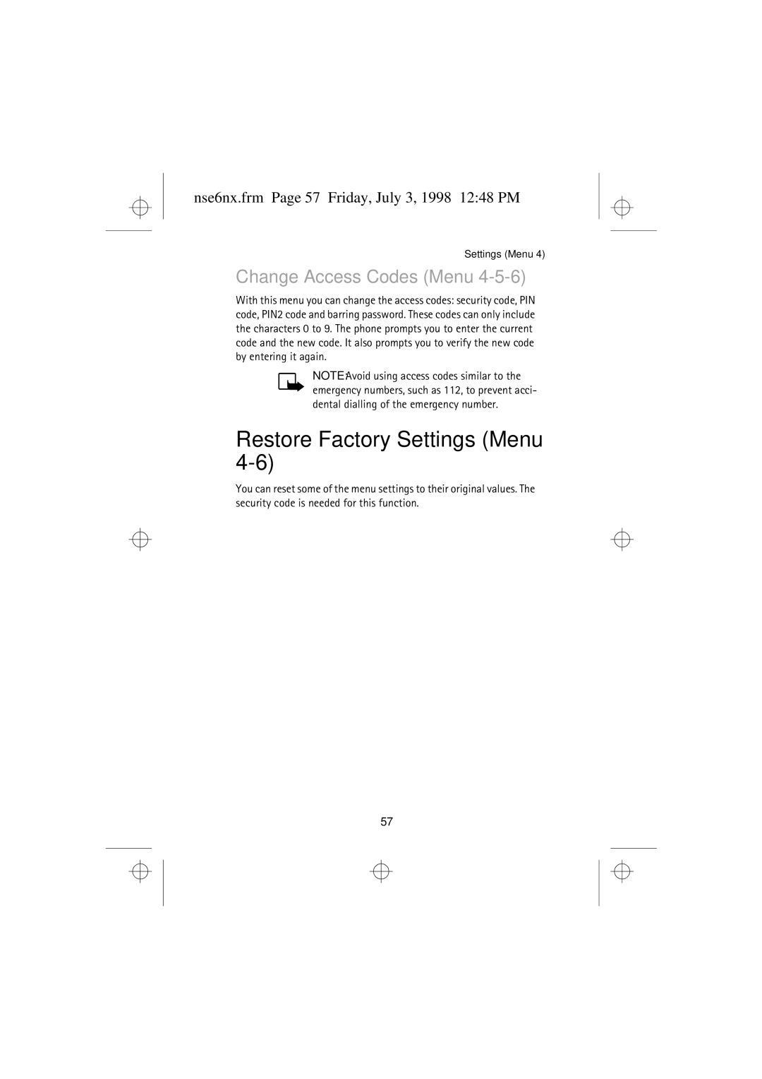 Nokia 9351835 Restore Factory Settings Menu, Change Access Codes Menu, Nse6nx.frm Page 57 Friday, July 3, 1998 1248 PM 