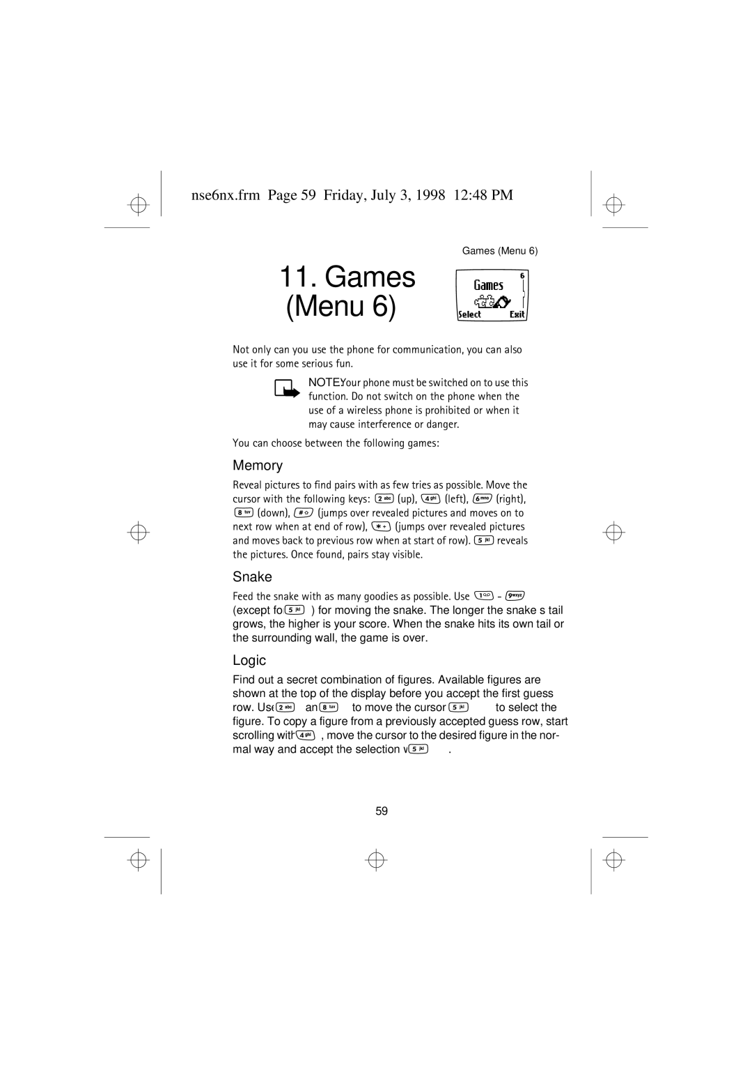 Nokia 9351835 manual Nse6nx.frm Page 59 Friday, July 3, 1998 1248 PM, Memory, Snake, Logic 