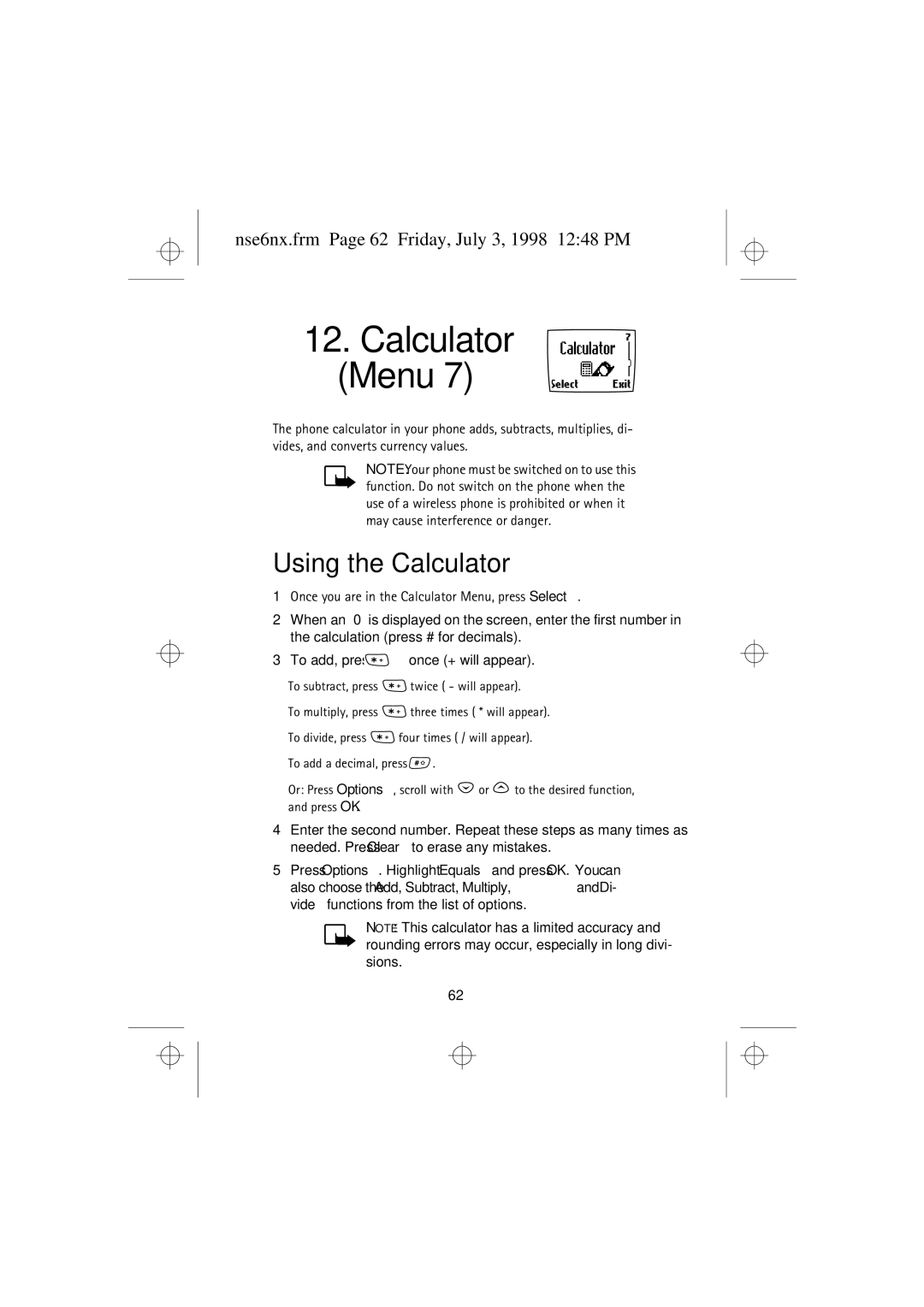 Nokia 9351835 manual Using the Calculator, Nse6nx.frm Page 62 Friday, July 3, 1998 1248 PM 