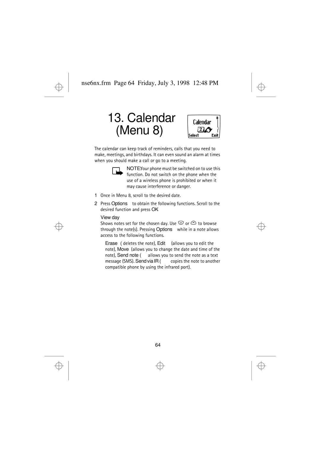 Nokia 9351835 manual Nse6nx.frm Page 64 Friday, July 3, 1998 1248 PM, View day 