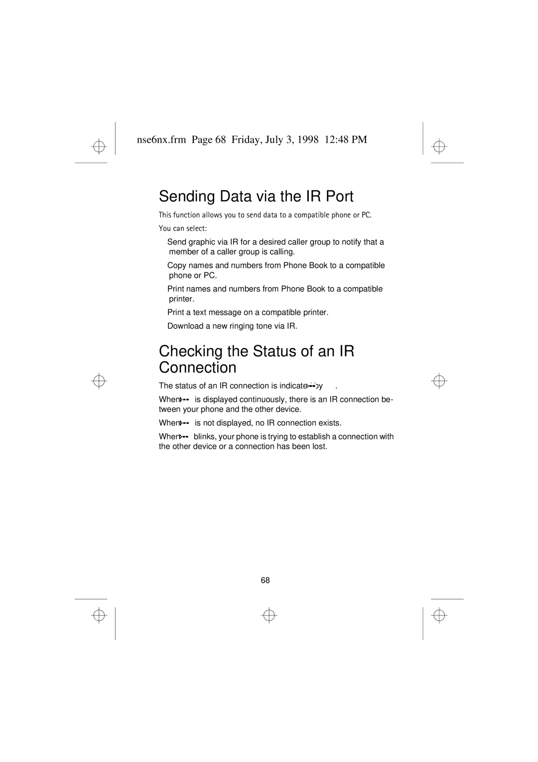 Nokia 9351835 manual Sending Data via the IR Port, Checking the Status of an IR Connection 