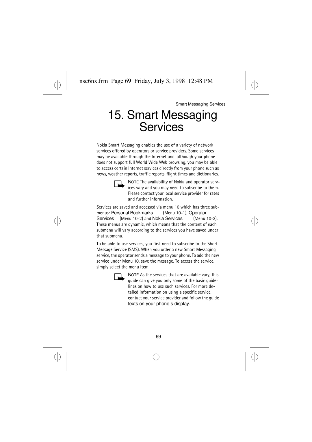 Nokia 9351835 manual Smart Messaging Services, Nse6nx.frm Page 69 Friday, July 3, 1998 1248 PM 