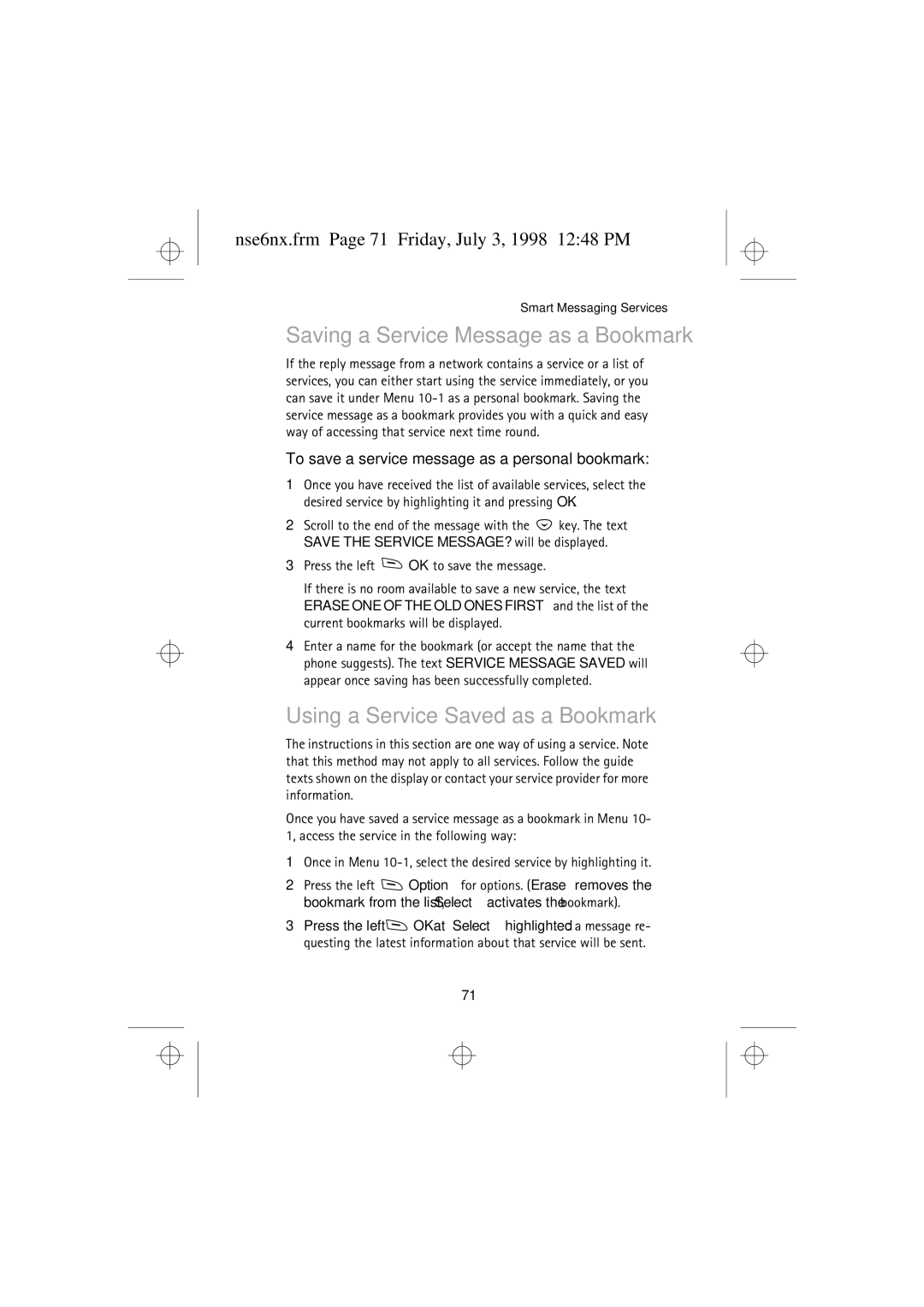 Nokia 9351835 manual Saving a Service Message as a Bookmark, Using a Service Saved as a Bookmark 