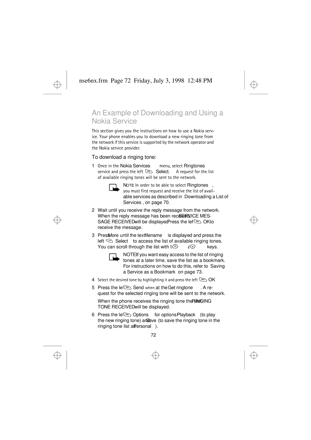 Nokia 9351835 manual An Example of Downloading and Using a Nokia Service, Nse6nx.frm Page 72 Friday, July 3, 1998 1248 PM 