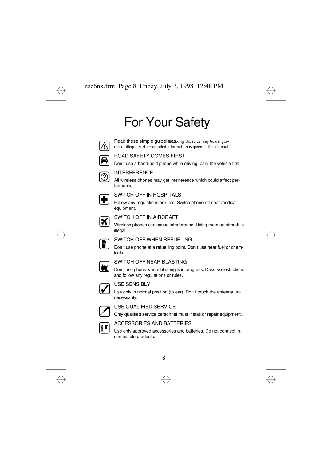 Nokia 9351835 manual For Your Safety, Nse6nx.frm Page 8 Friday, July 3, 1998 1248 PM 