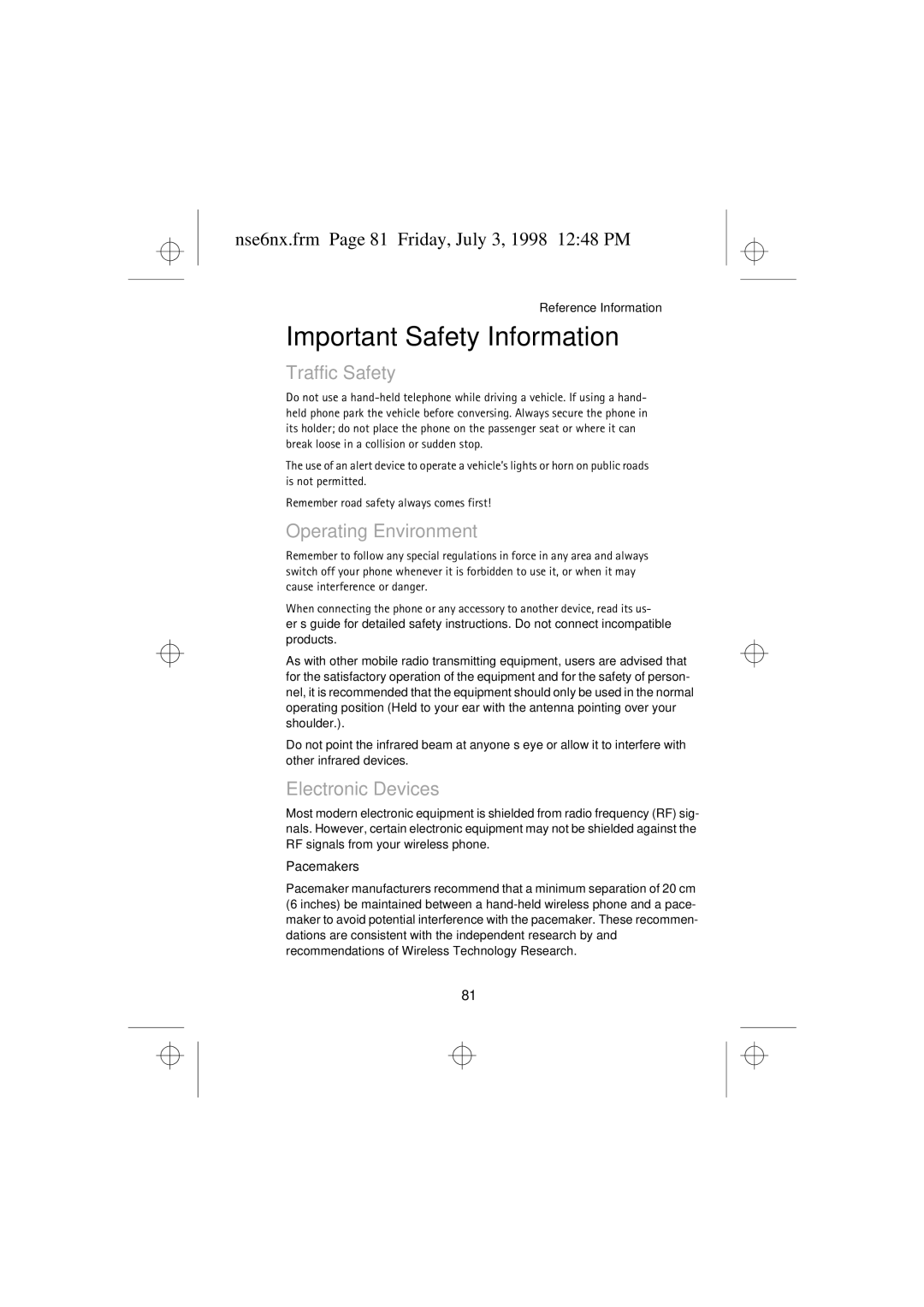 Nokia 9351835 manual Important Safety Information, Nse6nx.frm Page 81 Friday, July 3, 1998 1248 PM 