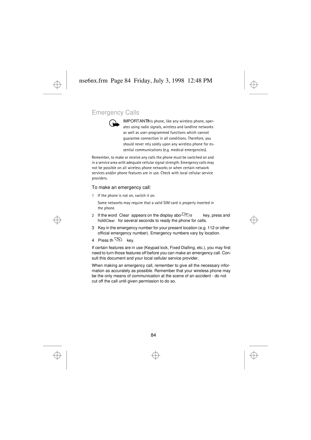 Nokia 9351835 manual Nse6nx.frm Page 84 Friday, July 3, 1998 1248 PM, Emergency Calls 