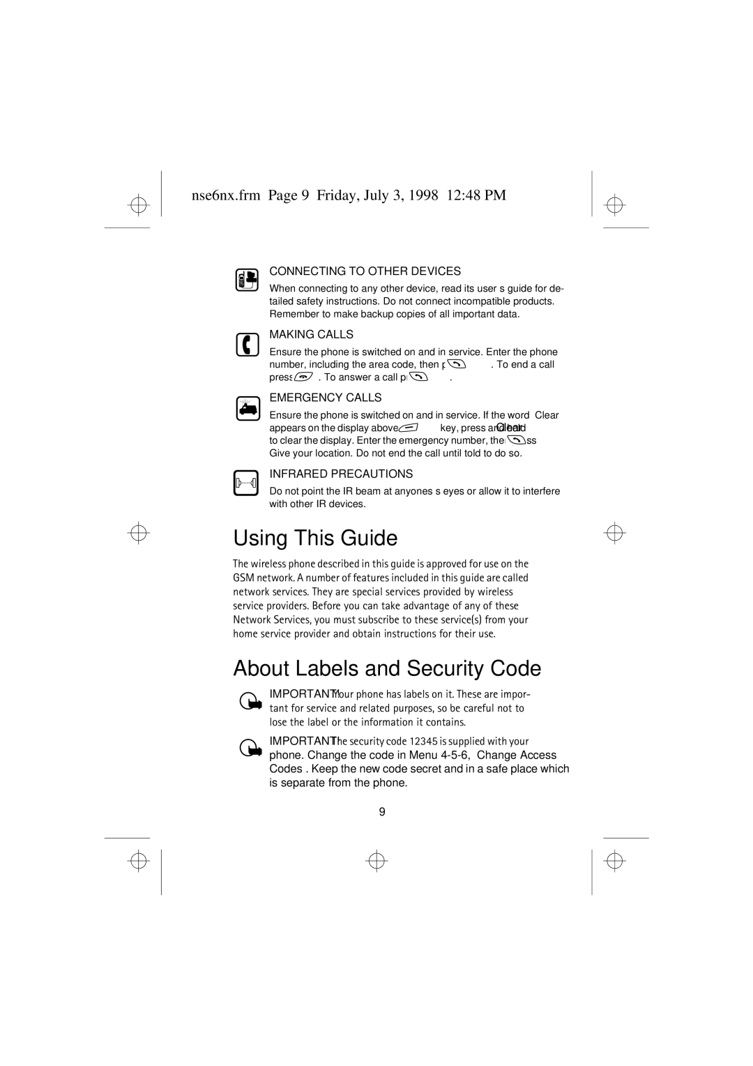 Nokia 9351835 manual Using This Guide, About Labels and Security Code, Nse6nx.frm Page 9 Friday, July 3, 1998 1248 PM 