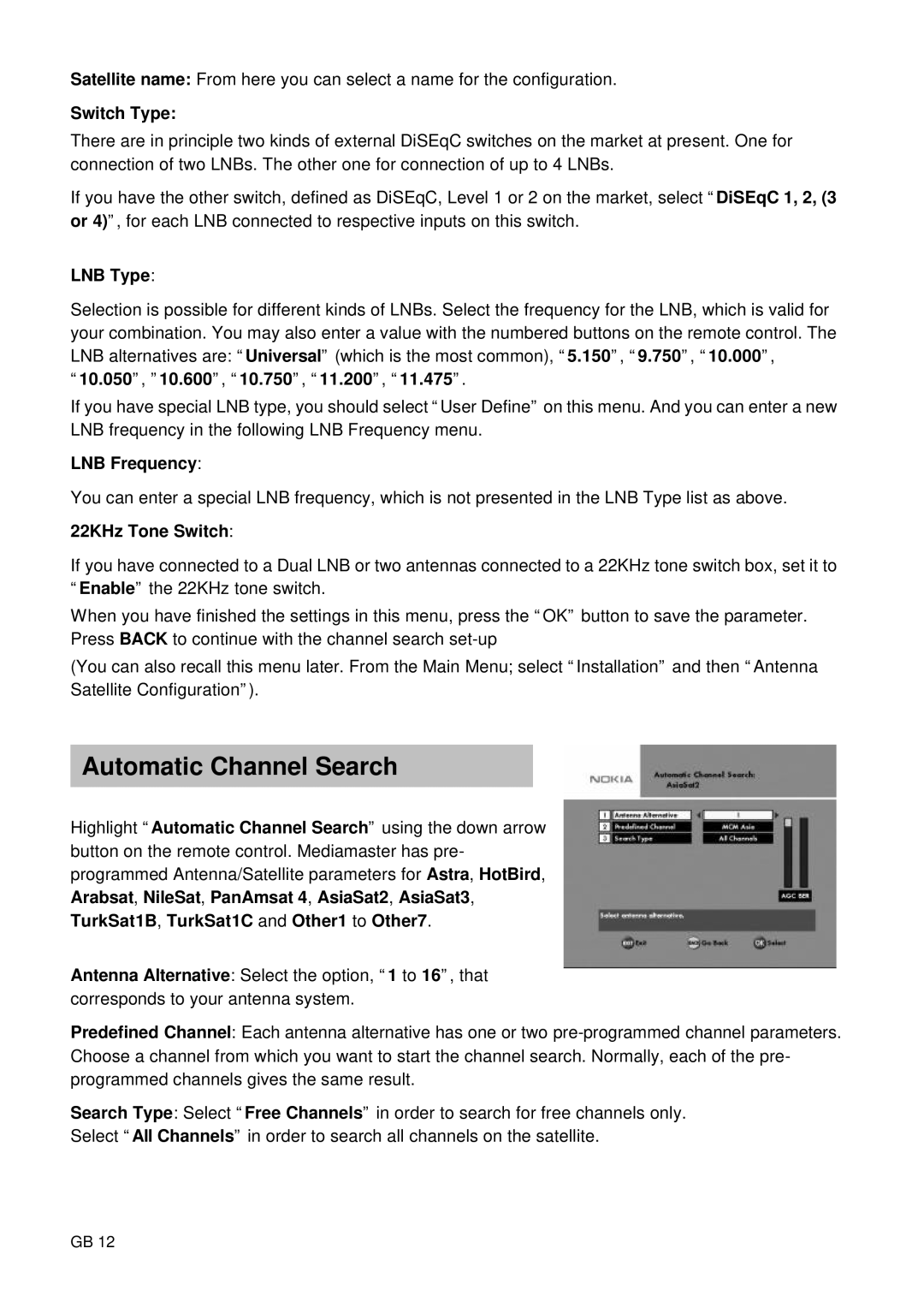 Nokia 9400 S owner manual Automatic Channel Search, Switch Type, LNB Type, LNB Frequency, 22KHz Tone Switch 