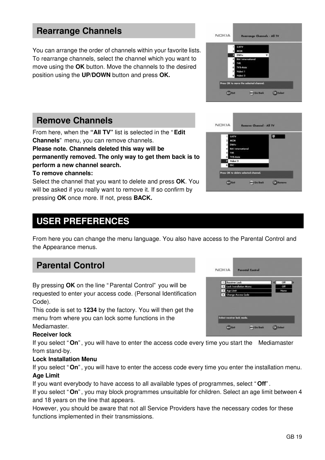 Nokia 9400 S owner manual Rearrange Channels, Remove Channels, User Preferences, Parental Control 