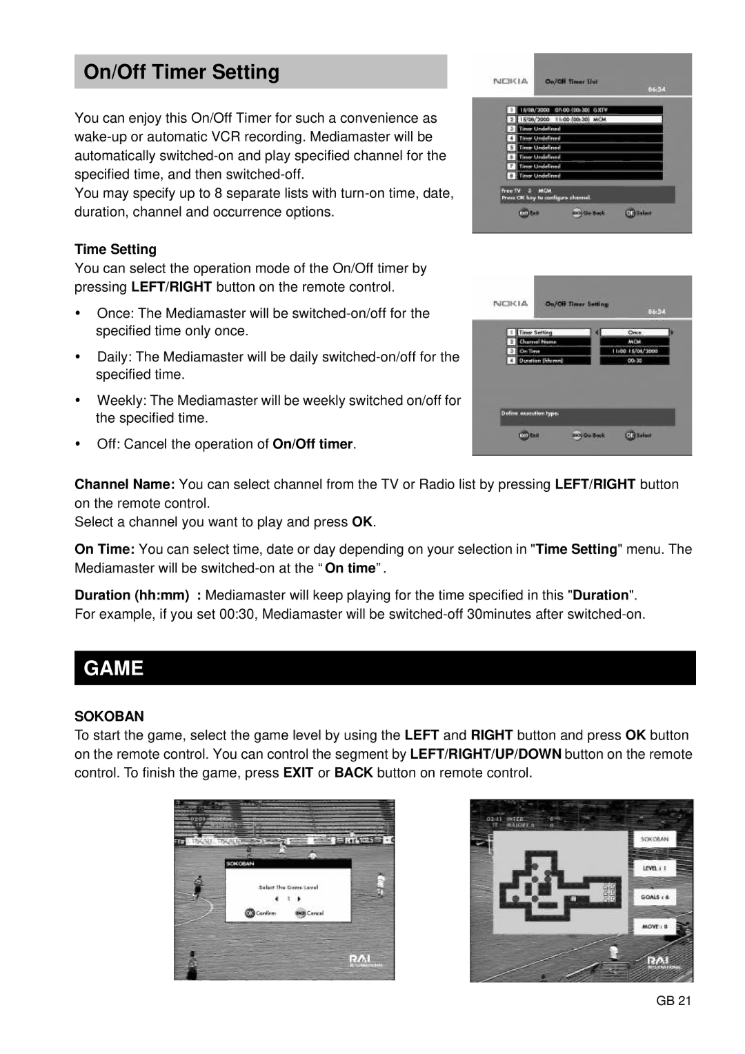 Nokia 9400 S owner manual On/Off Timer Setting, Game, Time Setting 