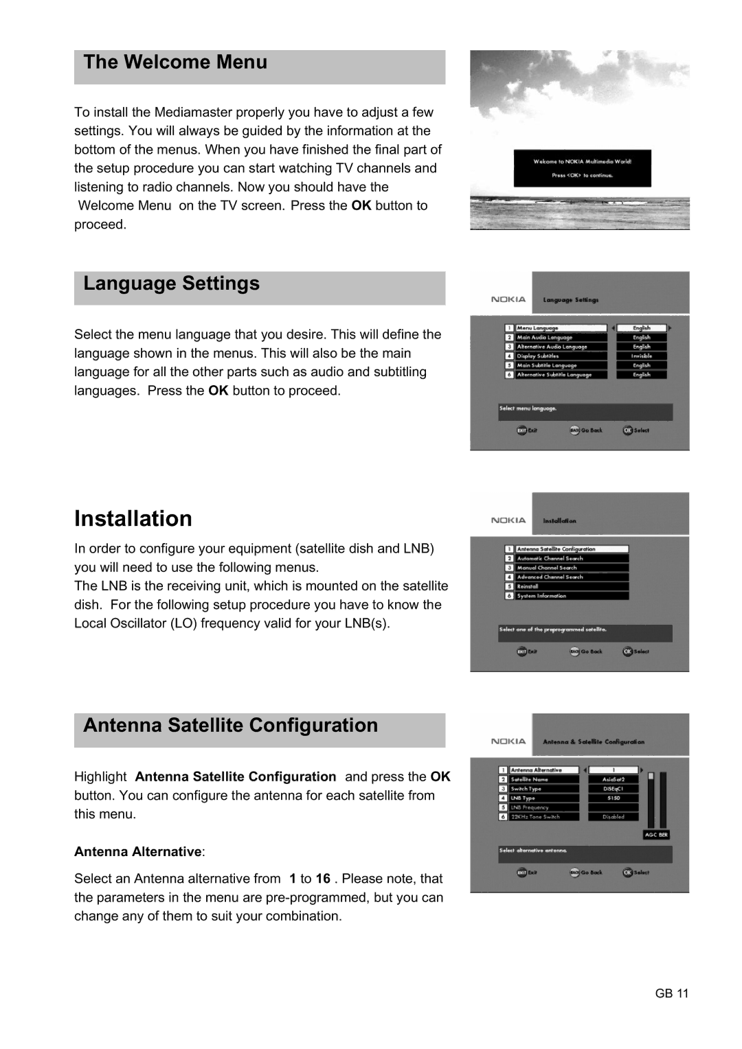 Nokia 9450 S owner manual Welcome Menu, Language Settings, Antenna Satellite Configuration 