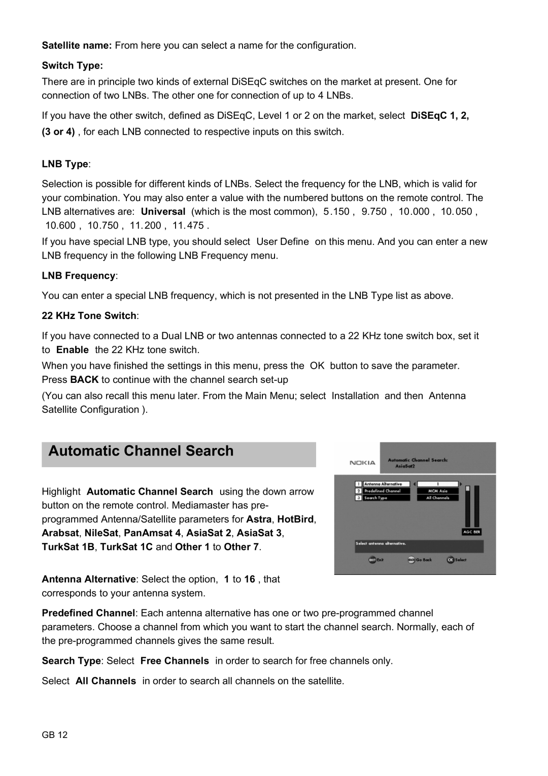 Nokia 9450 S owner manual Automatic Channel Search, Switch Type, LNB Type, LNB Frequency, KHz Tone Switch 