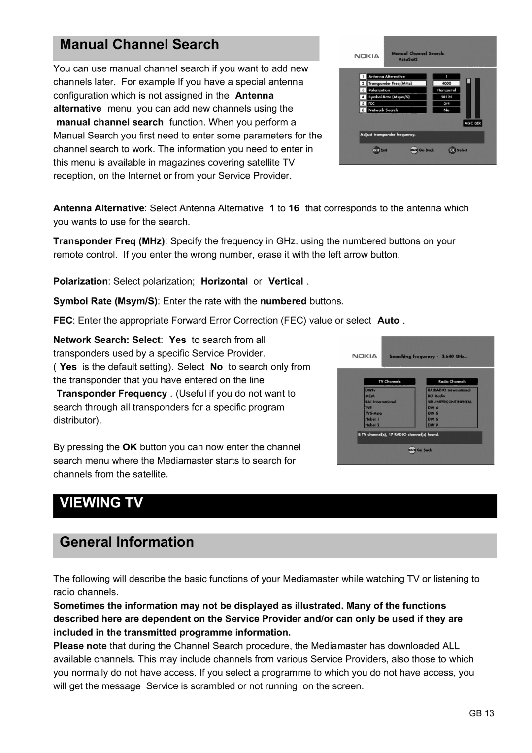 Nokia 9450 S owner manual Manual Channel Search, Viewing TV, General Information 