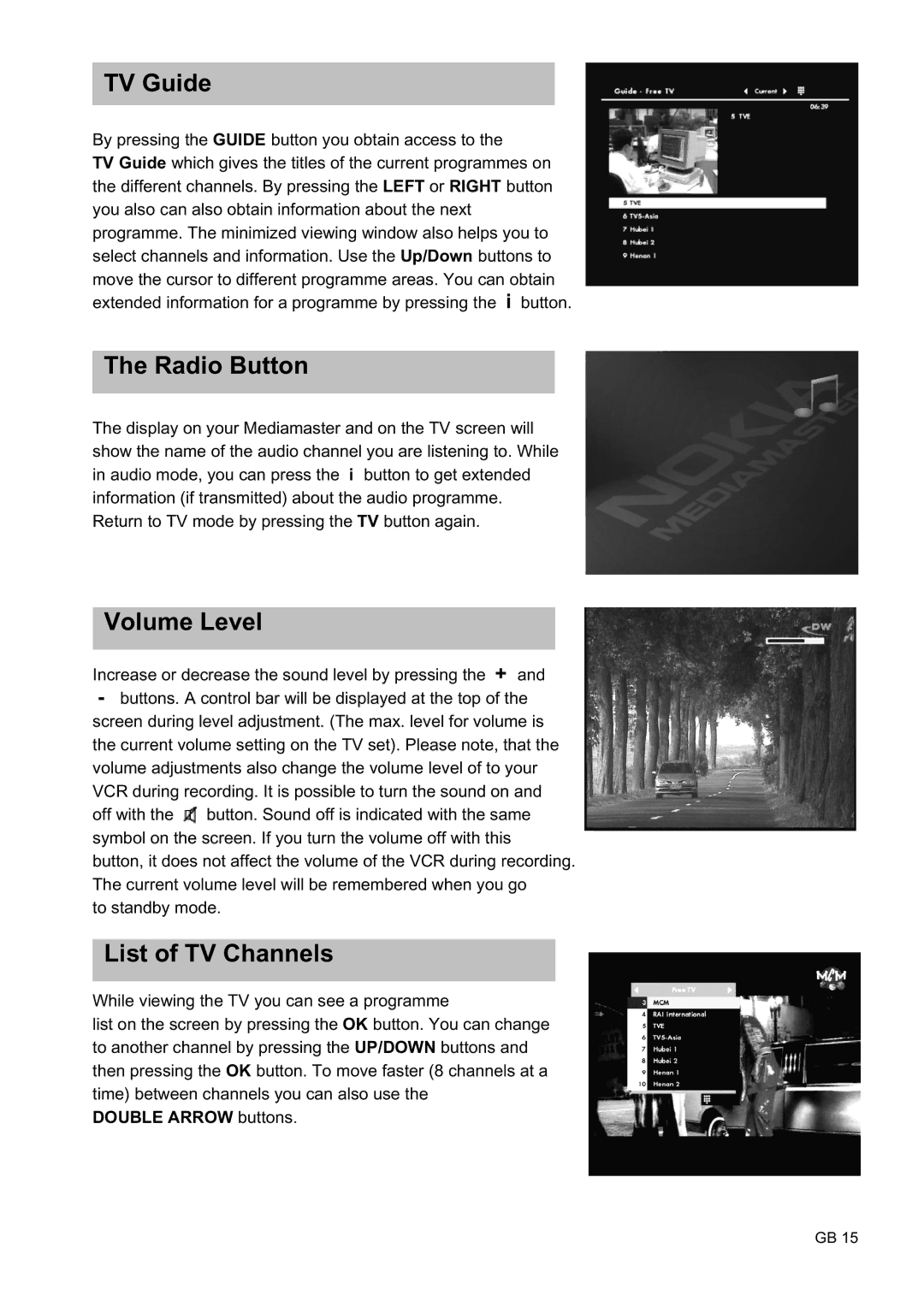 Nokia 9450 S owner manual TV Guide, Radio Button, Volume Level, List of TV Channels, Double Arrow buttons 