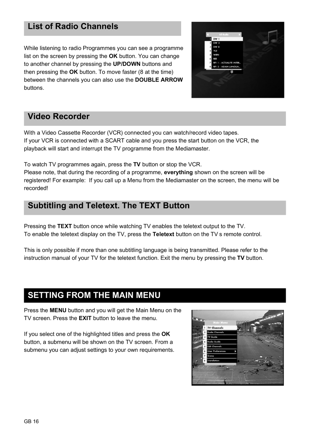 Nokia 9450 S List of Radio Channels, Video Recorder, Subtitling and Teletext. The Text Button, Setting from the Main Menu 