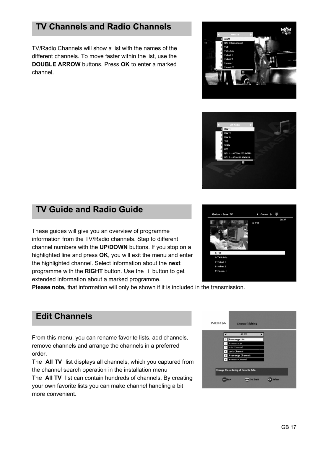 Nokia 9450 S owner manual TV Channels and Radio Channels, TV Guide and Radio Guide, Edit Channels 