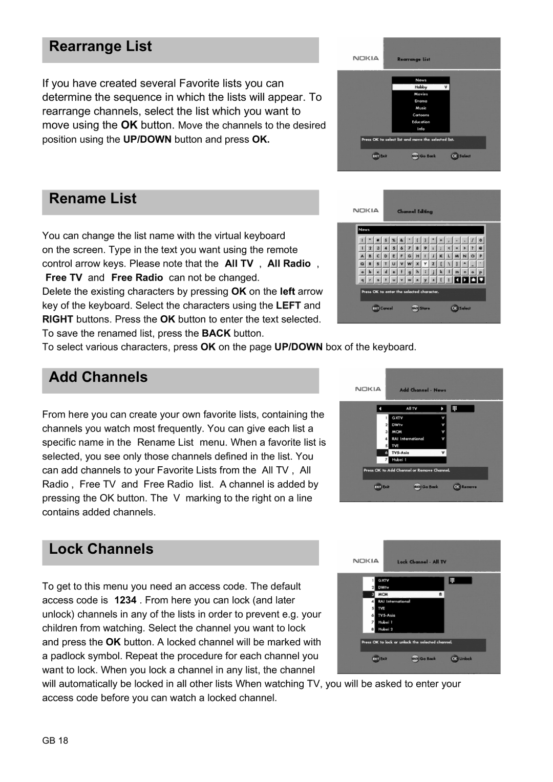 Nokia 9450 S owner manual Rearrange List, Rename List, Add Channels, Lock Channels 