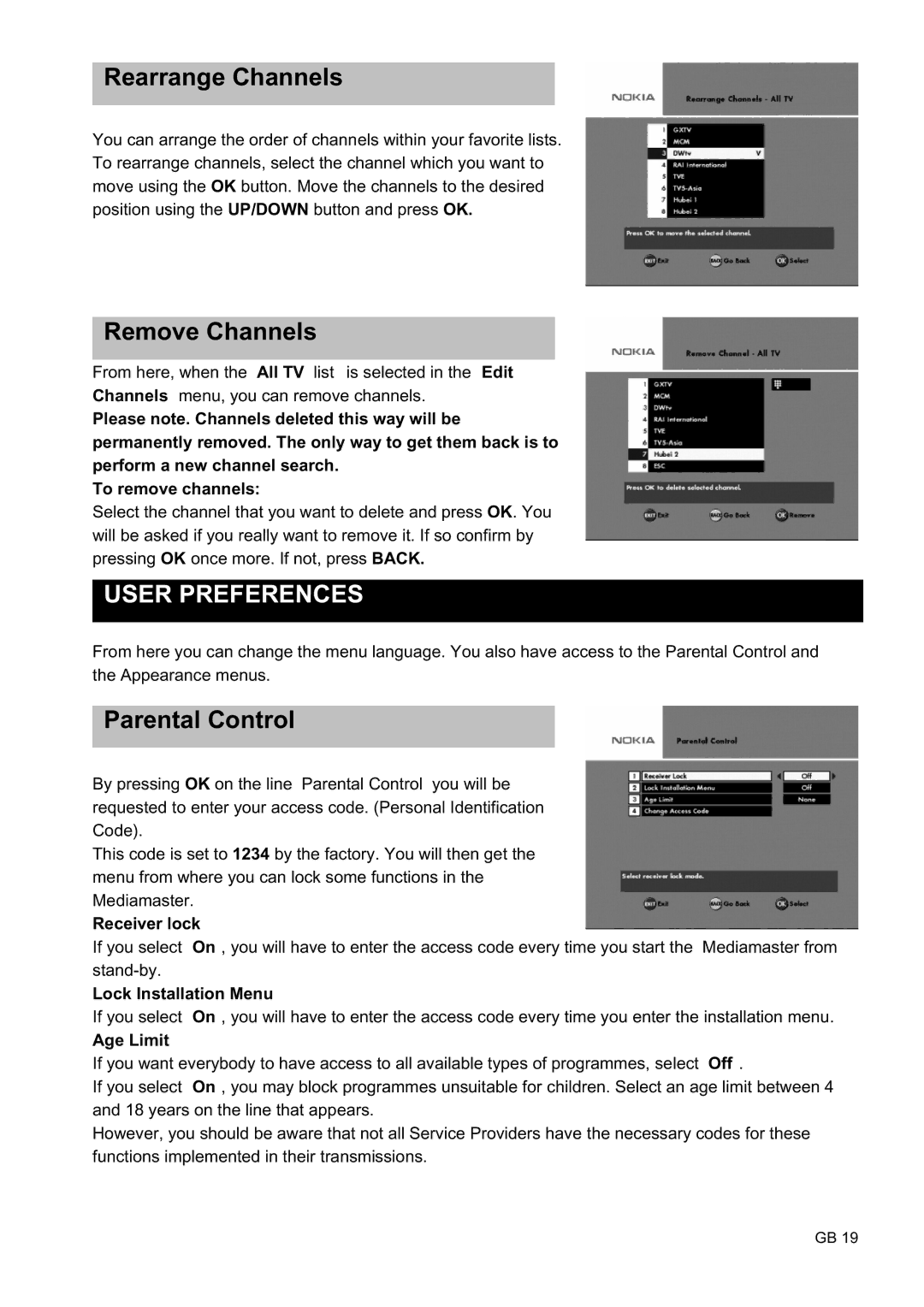 Nokia 9450 S owner manual Rearrange Channels, Remove Channels, User Preferences, Parental Control 