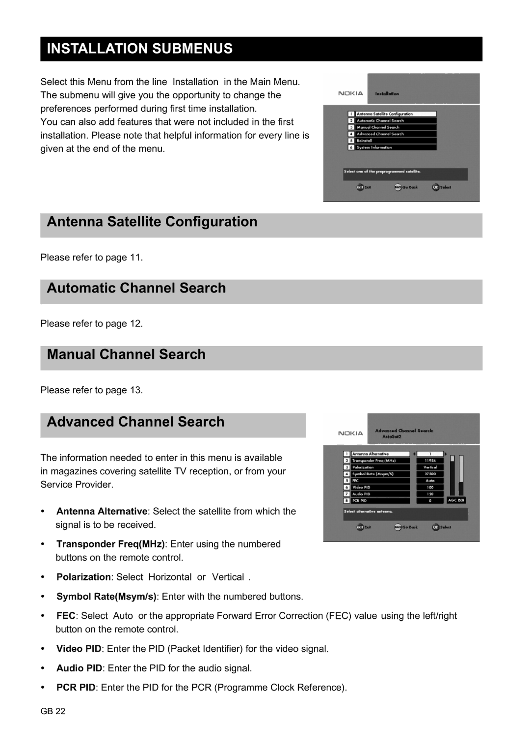 Nokia 9450 S owner manual Installation Submenus, Advanced Channel Search 